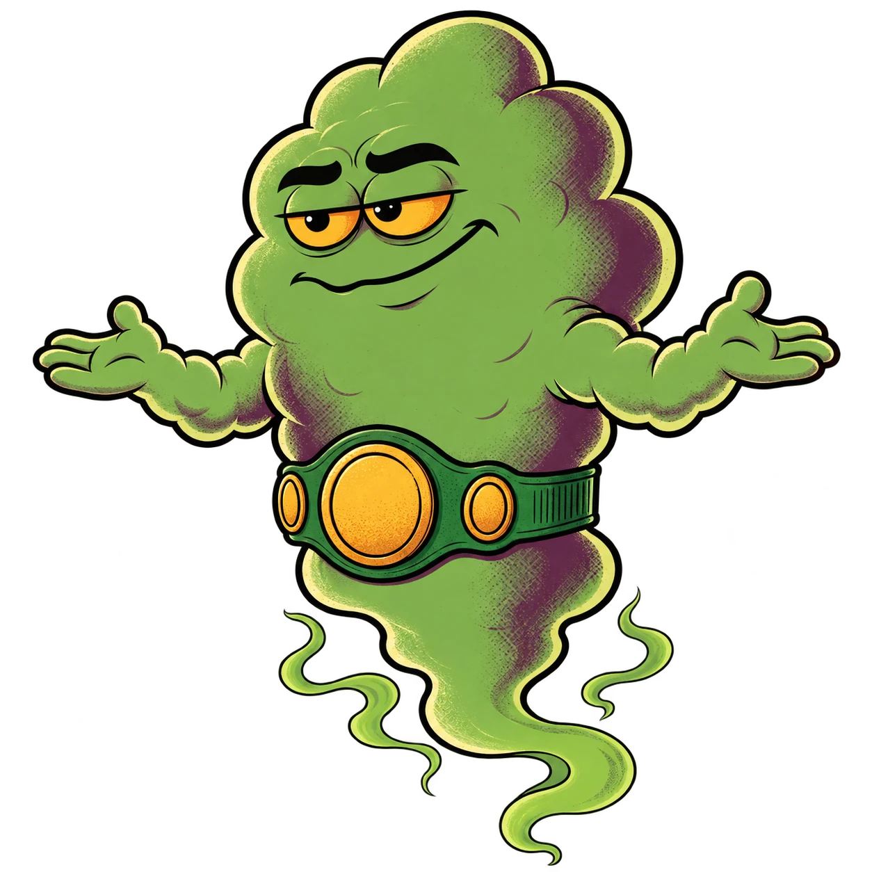 The Funk, a smug green cartoon odor cloud wearing a championship belt.