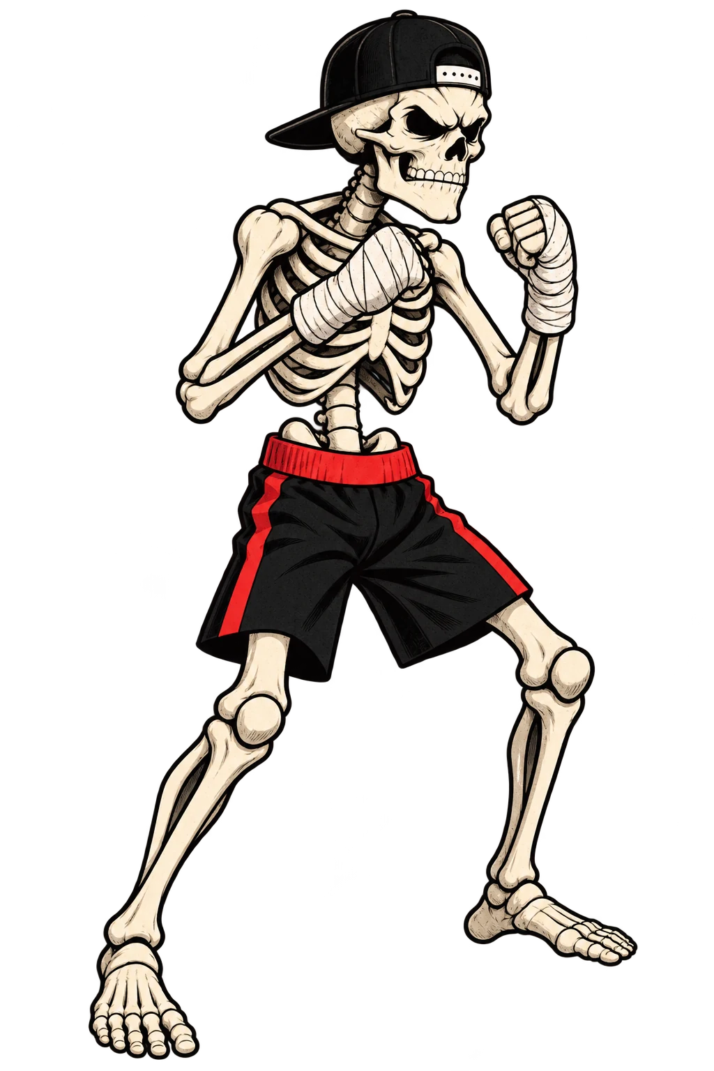 Cage Punch skull fighter with wrapped fists raised, wearing a backwards cap and black fight shorts.